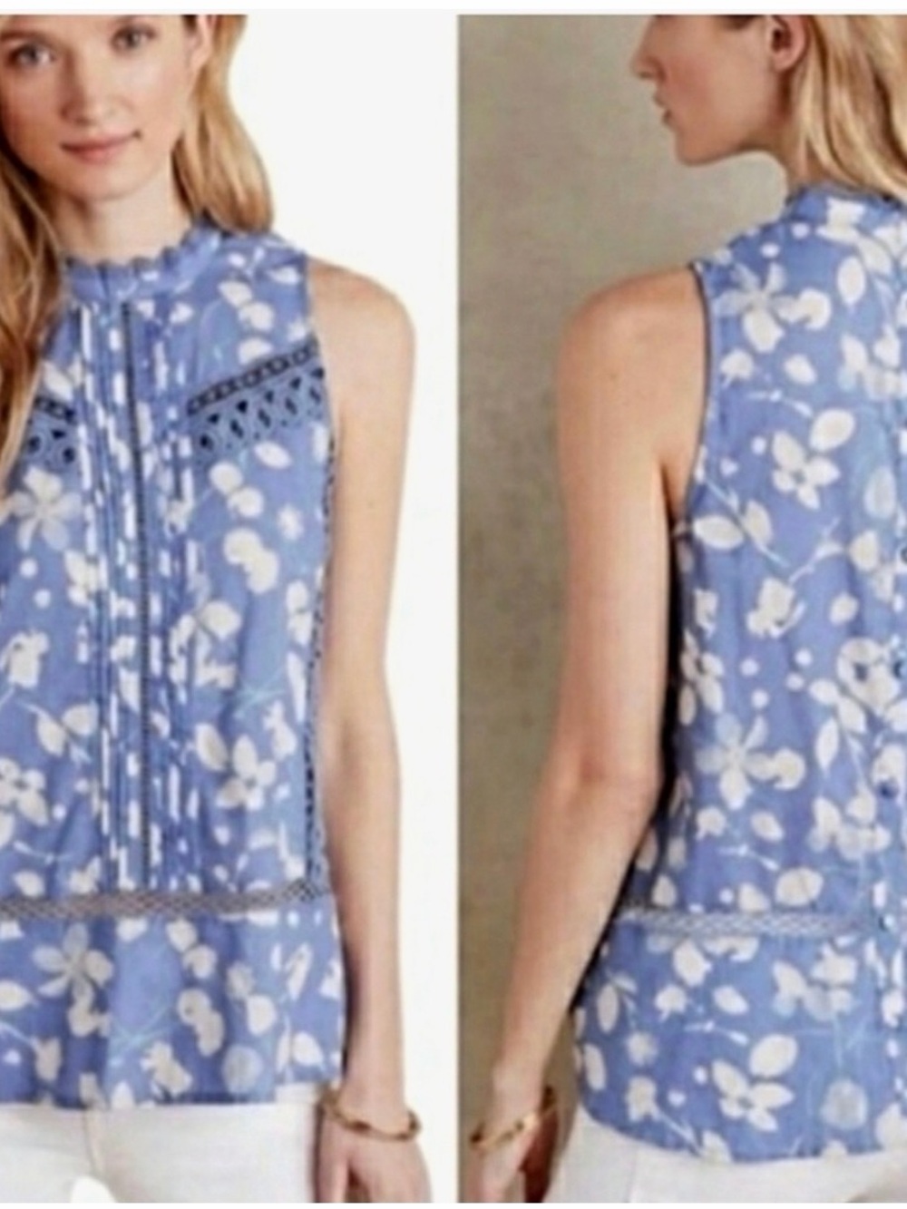 Anthropologie Blue Floral Lace-Trim Sleeveless Top